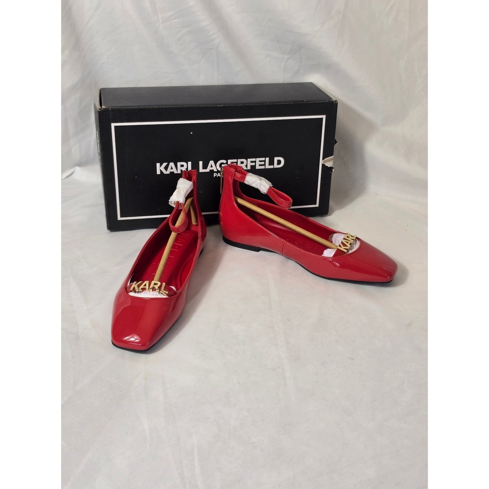 Karl Lagerfeld Paris Zyvia Red Patent Logo Ballet Flats Square Toe Ankle Strap 5
